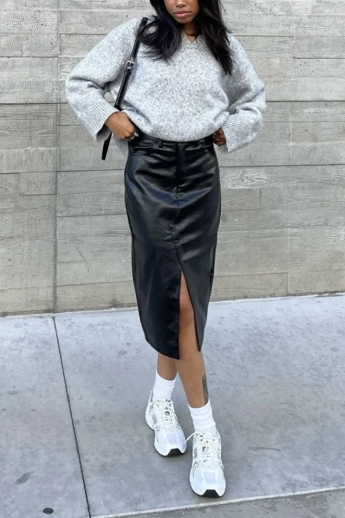 Leather A-line skirts — bold and confident.
